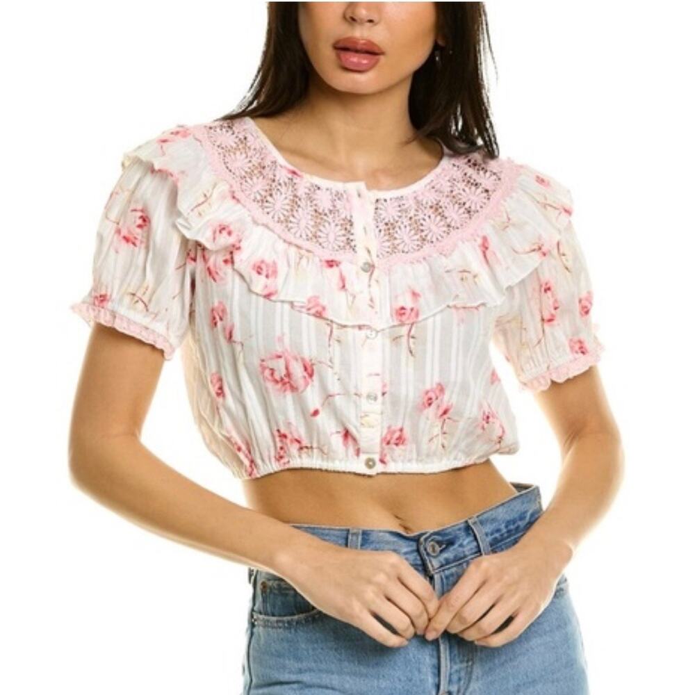 LoveShackFancy NWT Elania Crop Top in “Cherry Soda” Lace Sz M Romantic